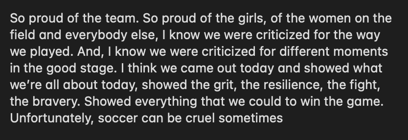tayvincent6's tweet photo. #USWNT Vlatko Andonovski on the match #FIFAWWC 

"so proud of the team... unfortunately, soccer can be cruel sometimes" https://t.co/QcFT7ap8tZ