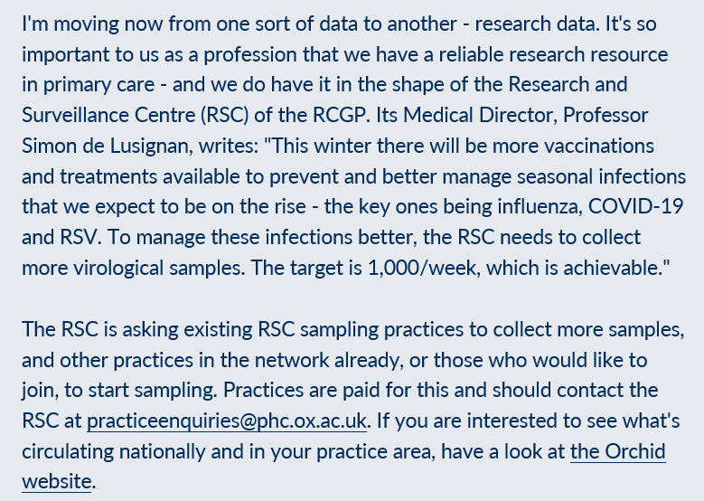 Thanks @KamilaRCGP for supporting the RSC in the weekly @RCGP update. Fantastic GPs colleagues share pseudonymised data, this week is our largest ever (>15 million). However, we need more virology samples, 1,000 per week. Interested contact practiceenquiries@phc.ox.ac.uk