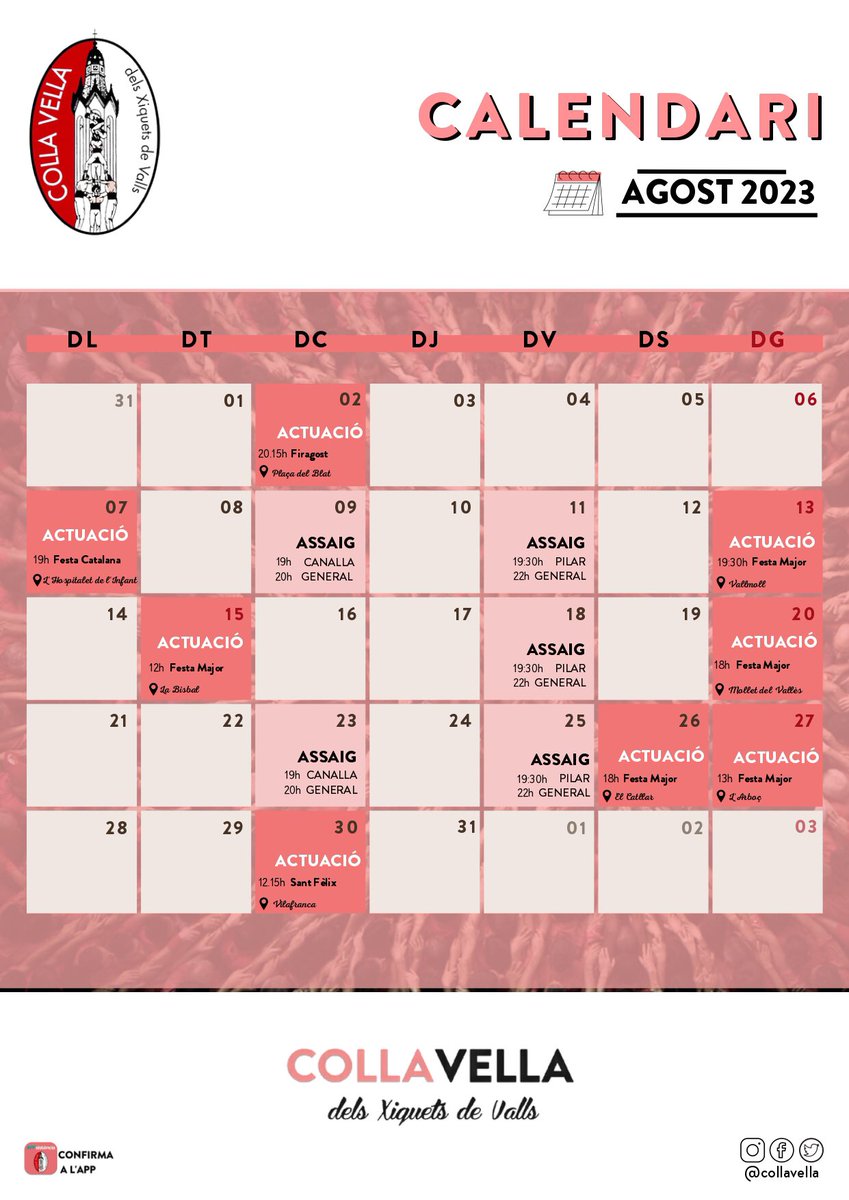 collavella's tweet image. Arriben les grans diades del mes d'agost i com sempre, per la @collavella és un mes molt esperat.
"Els #castells són nostra dèria" i els volem viure amb tu. 
Aquí teniu el calendari d'agost i recordeu apuntar-vos als assajos i actuacions a l'APP!