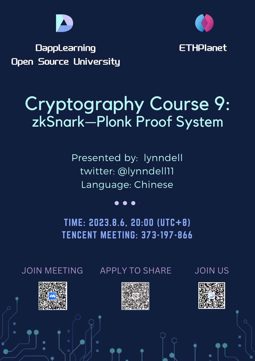 At 8:00pm ,Aug 6th (utc+8), we are excited to have @lynndell to bring us a sharing about 'Cryptography Course 9: zkSnark—Plonk Proof System '. Don't miss this meeting if you are interested in![Rose][Rose][Rose] doc link: drive.google.com/file/d/1-wcIHO…