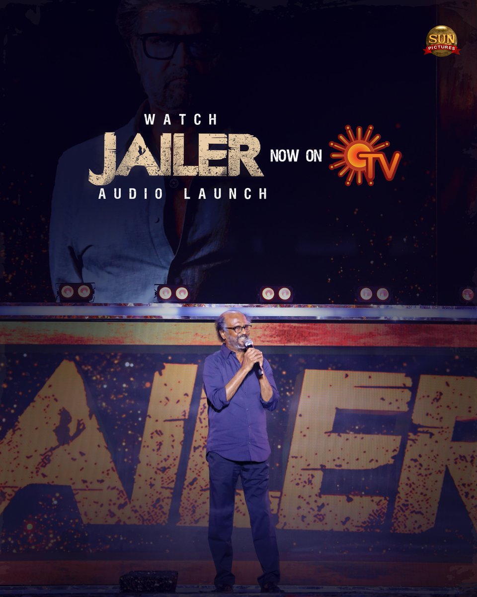 sunpictures's tweet photo. The wait is over💥Time to watch the grand #JailerAudioLaunch🔥 

Also, keep an eye out for new #Jailer Promos Only on @SunTV Don't miss it 😎

@rajinikanth @Nelsondilpkumar @anirudhofficial @Mohanlal @NimmaShivanna @bindasbhidu @tamannaahspeaks @meramyakrishnan @suneeltollywood @iYogiBabu @iamvasanthravi @mirnaaofficial @kvijaykartik @Nirmalcuts @KiranDrk @StunShiva8 @valentino_suren @RIAZtheboss #JailerFromAug10