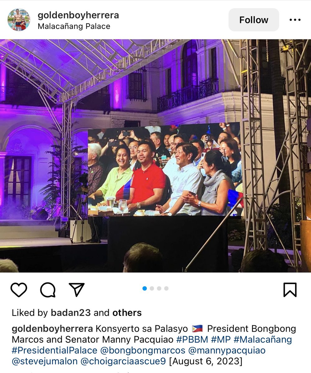 welverder's tweet photo. While our troops in the West Philippine Sea are being bullied by China, President Bongbong Marcos and other members of the admin are enjoying a concert in Malacañang — allegedly intended to support the Filipino athletes. Good job, Commander in Chief. https://t.co/oVguUqvM1i