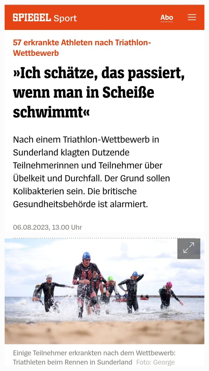 Here's how German news has reported the British sewage scandal in Sunderland (where the triathlon athletes were 'poisoned') The quote in the headline reads: ... "I guess that's what you get when you swim in shit". 
#SewageNation