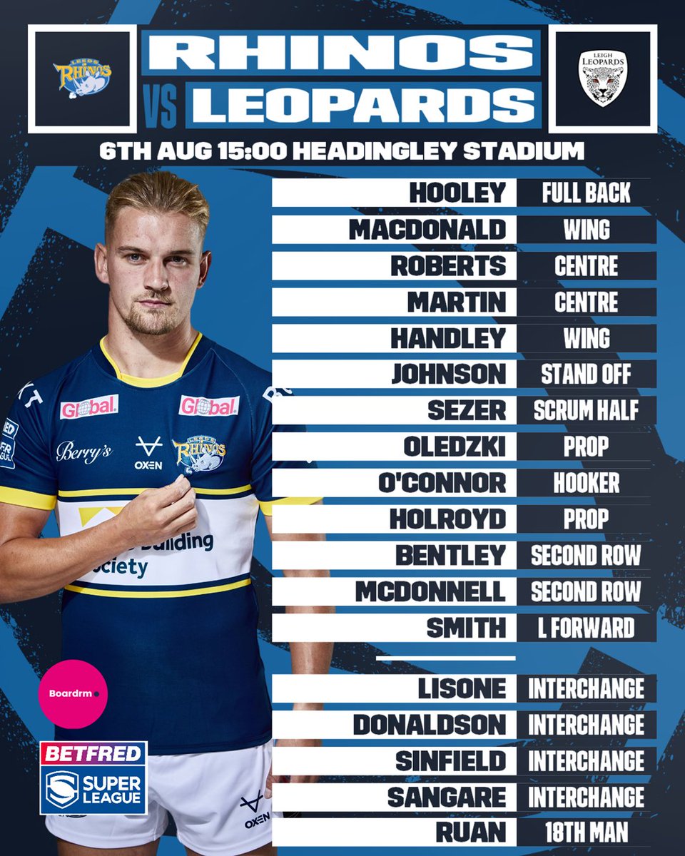 leedsrhinos's tweet photo. Leeds Rhinos Head Coach Rohan Smith has named his starting line up to face Leigh Leopards this afternoon, kick off 3pm
🤝 In partnership with @BoardrmUK
 #YourFutureOurPassion https://t.co/Rpf1mdm5dF