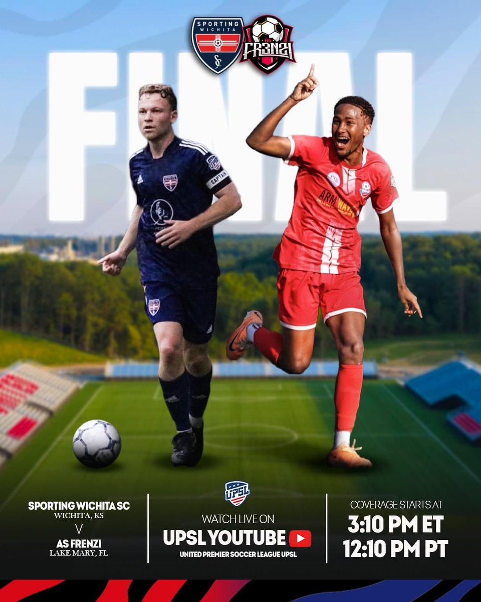 NATIONAL CHAMPIONSHIP 🏆🥇

Sporting Wichita First Team (Wichita, KS) 🆚 As Frenzi (Lake Mary, FL)

Watch live on the official UPSL YouTube channel 🖥️ Match coverage begins at 3:10 pm ET / 12:10 pm PT

➡️ youtube.com/watch?v=1OO4AI…

#UPSL #UPSLPlayoffs