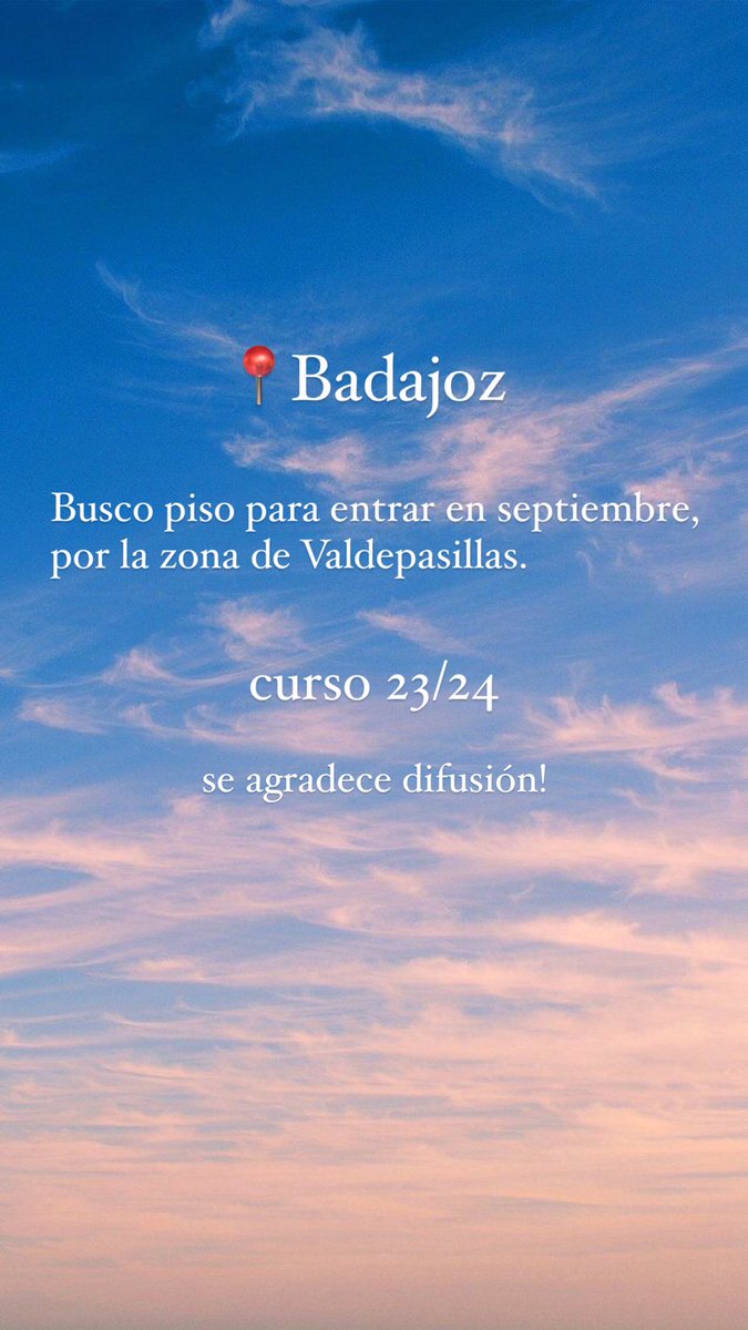 carmnruizs's tweet photo. busco piso en badajoz para entrar en septiembre!!!

curso 23/24
ig carmnruizs https://t.co/7M7861ox0B
