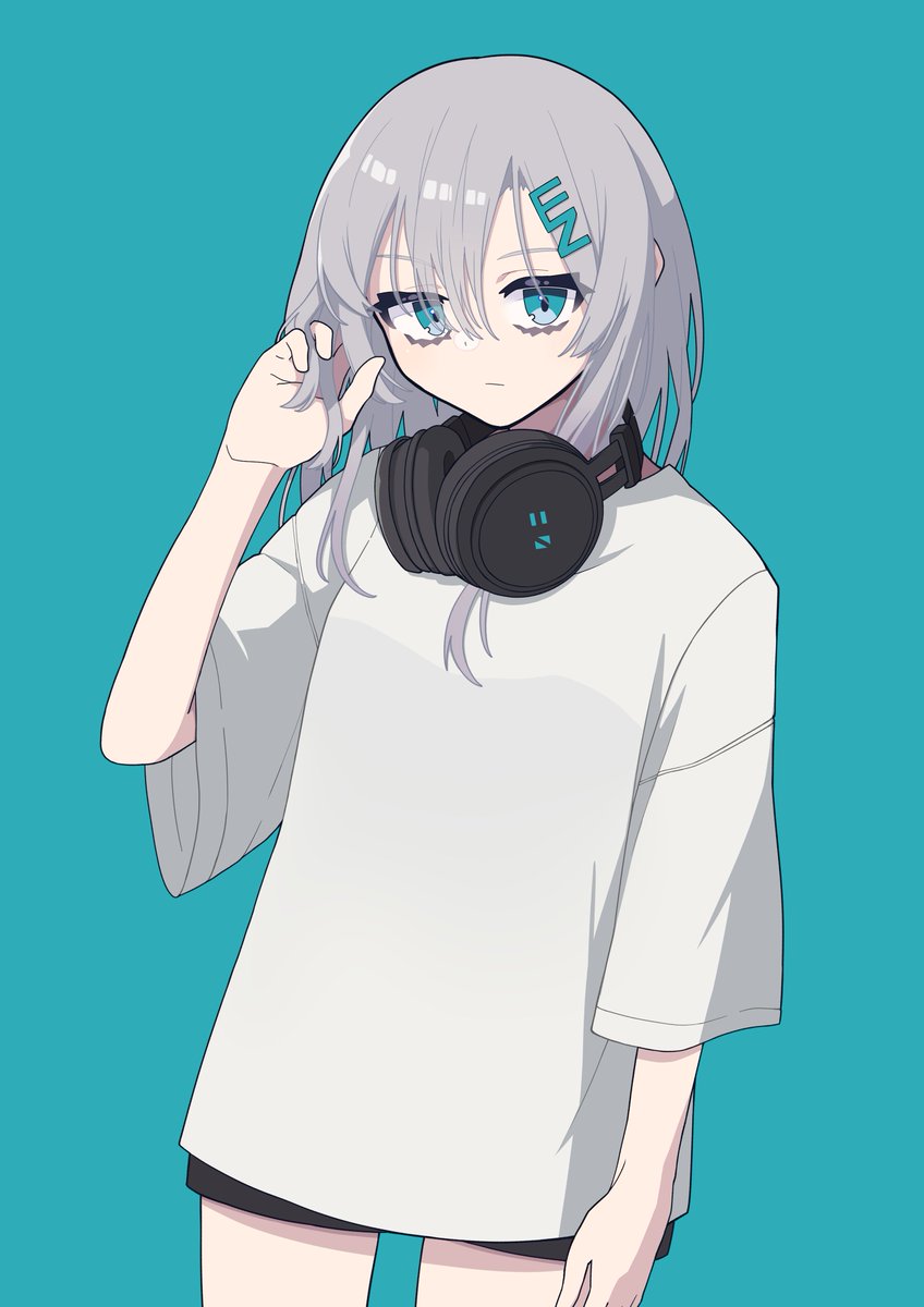 1girl solo headphones headphones around neck hair ornament hairclip grey hair  illustration images