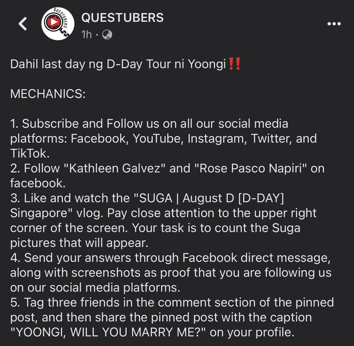questubers's tweet photo. https://t.co/4j0S48Jit7

Dahil last day ng D-Day Tour ni Yoongi‼️ https://t.co/g44qJMUU1V