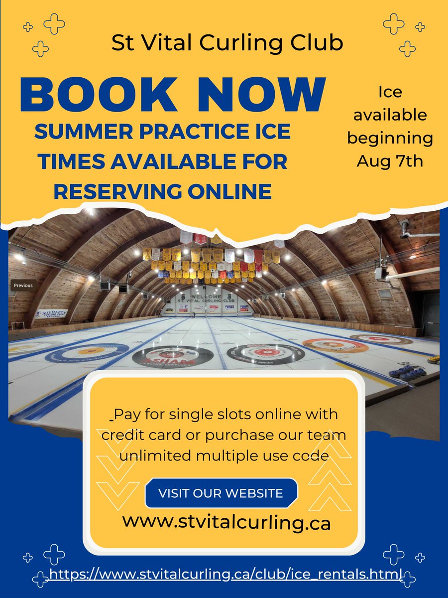 SVCC's practice ice is ready to go.  Practice begins tomorrow (Aug 7th) Reserve your ice time slot online.  Pay per reservation or purchase an Unlimited Use Code for $650 (or $600 for SVCC members)  See our website for details stvitalcurling.ca