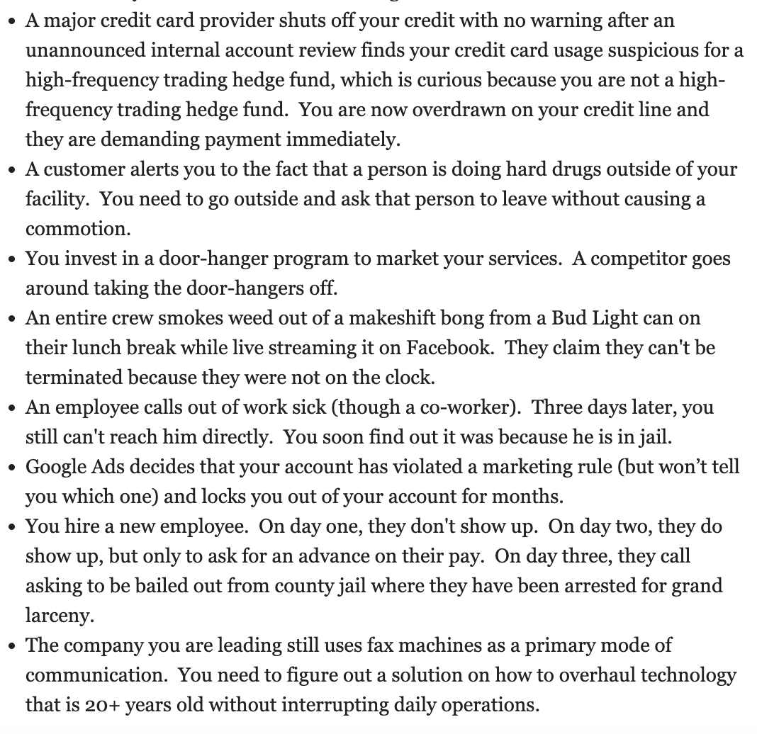 BrentBeshore's tweet image. Buying and operating SMBs can be extremely rewarding.

Also, it&apos;s wild what can and will happen when messy leaders work with messy employees and vendors to serve messy customers.

It&apos;s always a mess.

Grateful for @chenholdco sharing some anecdotes. I have hundreds to add.