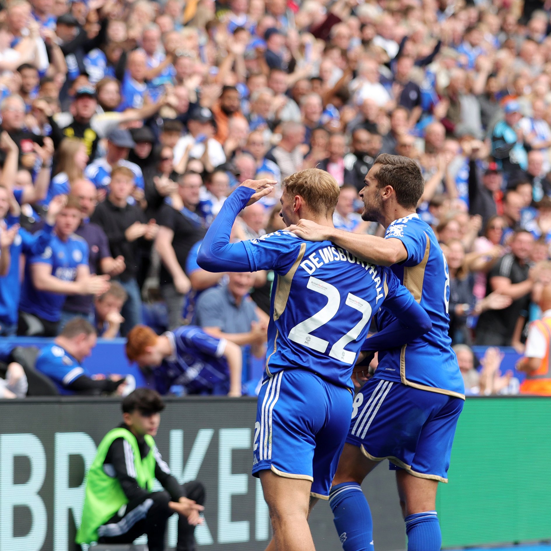 Kiernan Dewsbury-Hall celebrates his equaliser with the home fans.