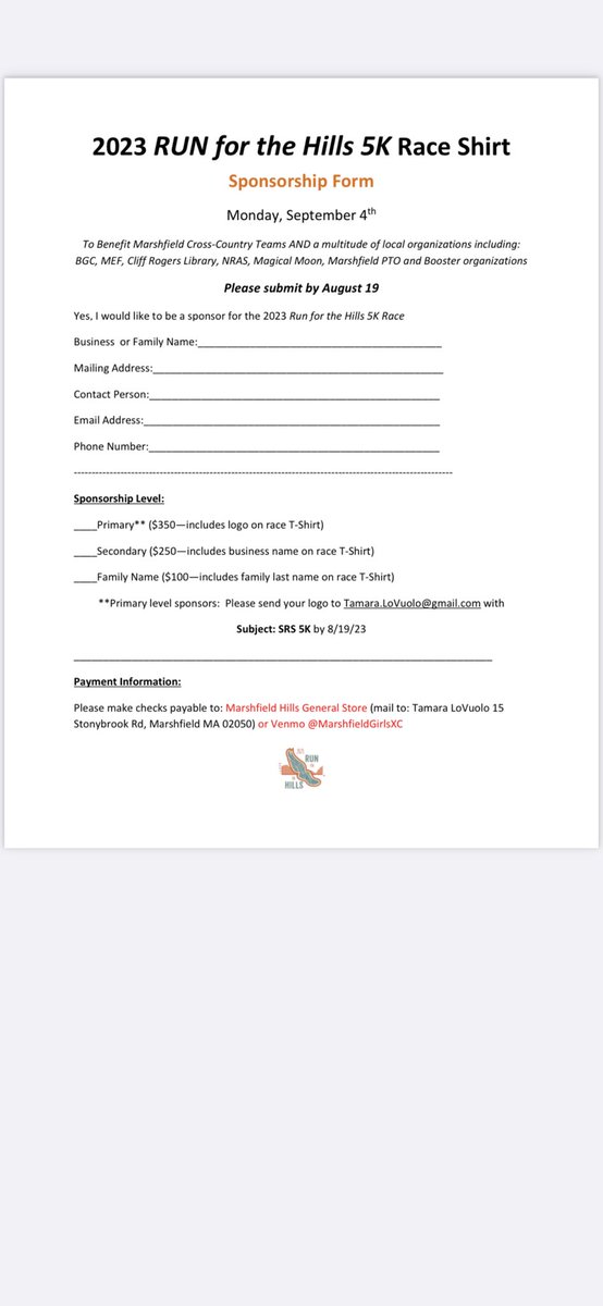 Looking for additional sponsors (businesses and families) for the Run for the Hills 5k.  This run supports many local initiatives in addition to the MHS XC teams.

We would also love to see more runners on Labor Day (9/4): runsignup.com/hills5k

<a href="/MarshfieldTC/">RamsXC/T&F</a> <a href="/GORAMSathletics/">Marshfield Athletics</a>