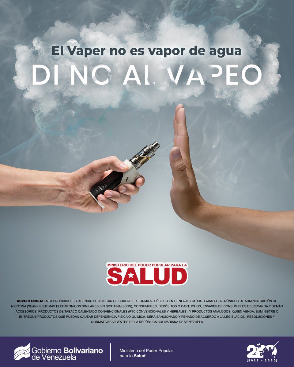 MagaGutierrezV's tweet photo. Existen suficientes evidencias científicas que demuestran el daño a la #Salud que ocasionan los #vapers. No te engañes! #DileNoAlVaper #ConElVaperSeEsfumaTuVida #JuntosPorCadaLatido 

#NicolásNoArruga #FelizDomingo @NicolasMaduro @MinSaludVE @Mippcivzla https://t.co/Oix6nodZCU