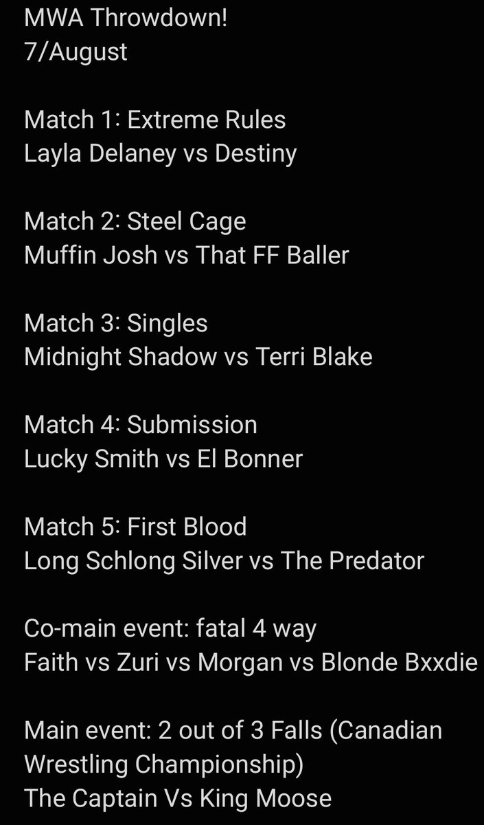 Let's take a look at tomorrow night's match card! Will the moose retain his Canadian title?! #Twitch #weareMWA #WWE2K23