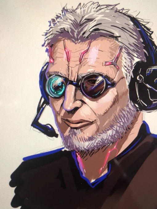 ハンドラーウォルターってこんな感じかもなと、なんとなく落書きしてみたけどナイトシティのフィクサーになっちゃったな。