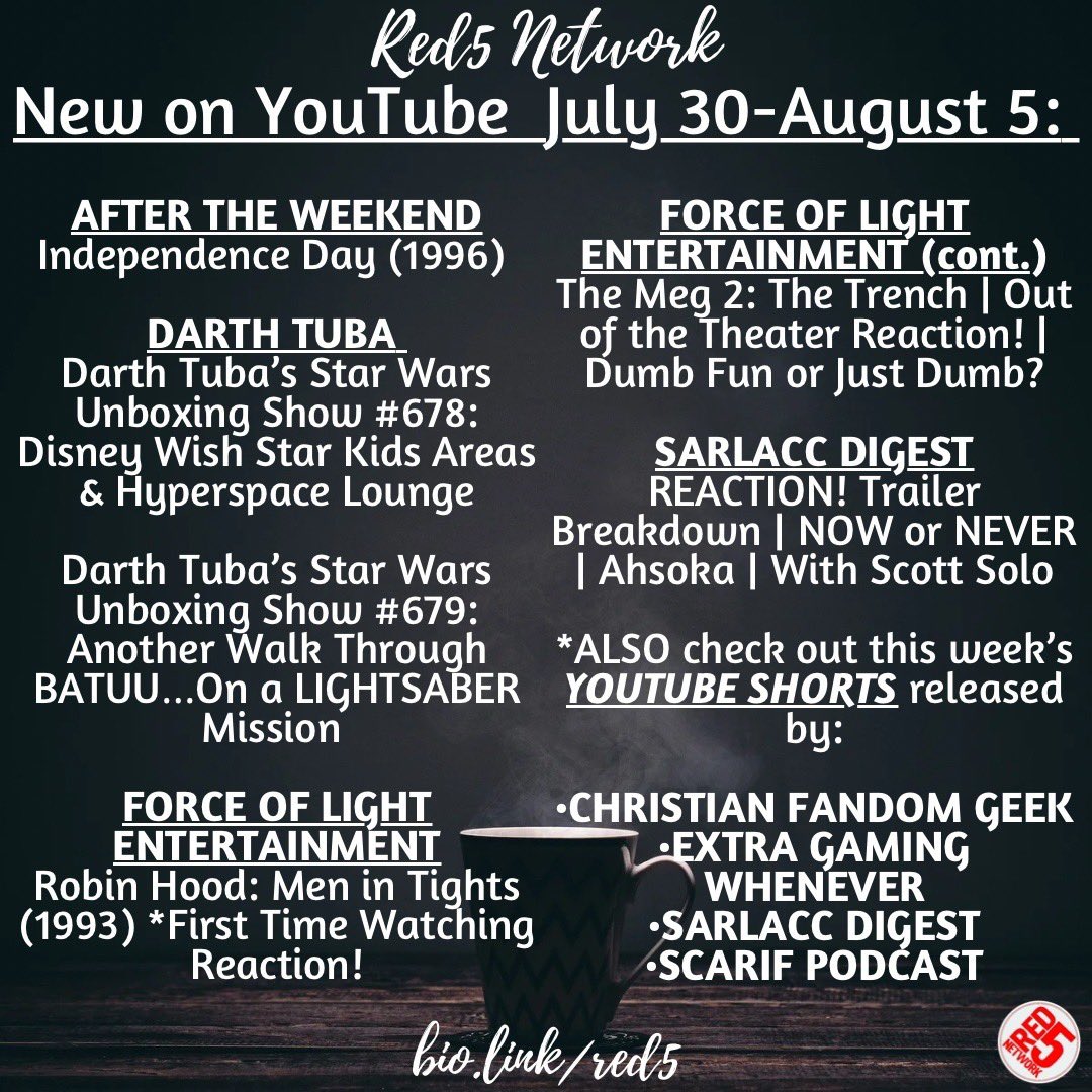 YOUR Red 5 Network (@red5network) on Twitter photo Easy like Sunday morning. Grab a cuppa & wake up with some of our Red5 content creators on YouTube. You’l be glad you did.
☕️😎
<a href="/ATW_MovieReview/">AfterTheWeekend</a>
<a href="/thelorebewithy1/">✝️ Christian Fandom Geek ✝️</a>
@DarthTuba
<a href="/extratechy/">🖥Extra Techy🏫</a>
<a href="/SarlaccDigest/">SarlaccDigest</a>
<a href="/ScarifPodcast/">"Always Sunny On Scarif"😎</a> Easy like Sunday morning. Grab a cuppa & wake up with some of our Red5 content creators on YouTube. You’l be glad you did.
☕️😎
<a href="/ATW_MovieReview/">AfterTheWeekend</a>
<a href="/thelorebewithy1/">✝️ Christian Fandom Geek ✝️</a>
@DarthTuba
<a href="/extratechy/">🖥Extra Techy🏫</a>
<a href="/SarlaccDigest/">SarlaccDigest</a>
<a href="/ScarifPodcast/">"Always Sunny On Scarif"😎</a>