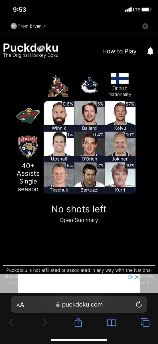 DevanArs93's tweet photo. Had to include these felllllas ⁦⁦⁦@ScottieUpshall⁩ ⁦@ShaneOBrien55⁩ ⁦@MissinCurfew⁩ on my puckdoku answers today https://t.co/OAY016yMKC