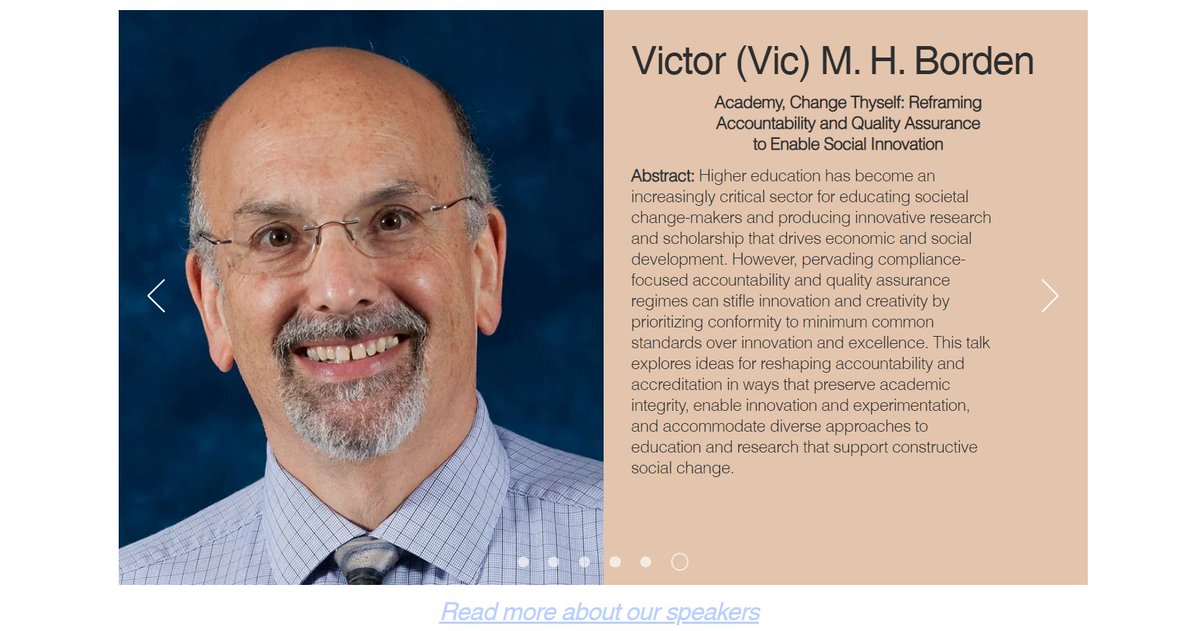 “Academy, Change Thyself: Reframing Accountability and Quality Assurance to Enable Social Innovation” – listen to this keynote by Victor (Vic) M. H. Borden at the #EAIR2023 Forum. Register by 10 August and secure your place! buff.ly/44O69Vf 
#Linz #Keynotes