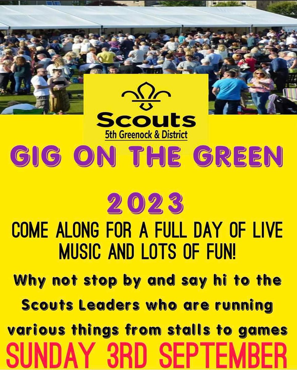 5thScout's tweet photo. This year finds us supporting Gig On The Green 2023!! 

Come along for a full afternoon of music, great banter and various activities to keep the kids entertained. 

Pop along a meet our adult volunteers who are running loads of exciting activities. https://t.co/IdQWUCdhJ5