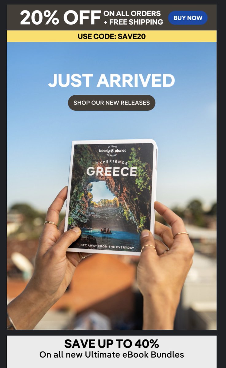 BeyondBex's tweet photo. Just dropped in my Inbox.
Love it when a #guidebook I helped research is promoted - at 20% off!
Loads of other releases too.
Grab your bargain at the @lonelyplanet website and use Code: SAVE20 for your discount.
#travelwriter #travelwriterlife #Greeceexpert #LonelyPlanet https://t.co/YObNiy1Eyd