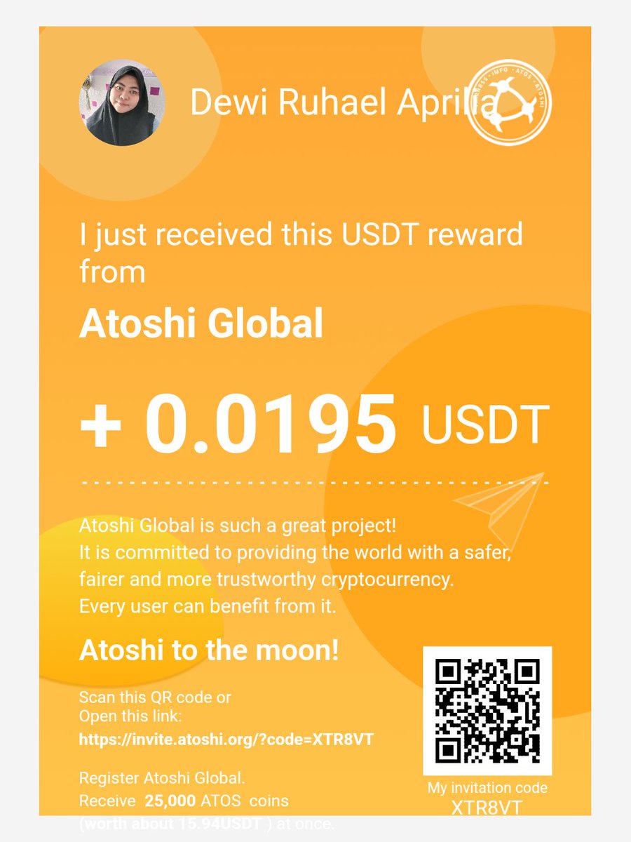 dewi12ra's tweet photo. Hey. I am sending you 25,000 ATOS and 5 USDT converting reward.  Come claim it!
Click on this invitation link to register an Atoshi Global account, we BOTH get 25,000 ATOS FOR FREE.
https://t.co/5QErYxuRWa https://t.co/PCB62u3p8R