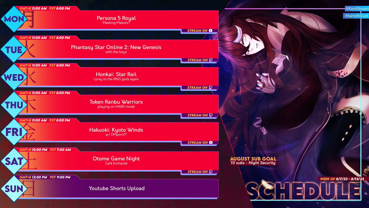 KaroShinArts's tweet photo. ♦️August 7-13 Stream Schedule!♦️

A few changes from my usual schedule of games this week and I am gonna start a replay of Touken Ranbu Warriors but in hard mode 👀

So... hope you guys can look forward to that ✨
#Vtuber #ENVtuber #PHVtuber https://t.co/151JD9aNz2