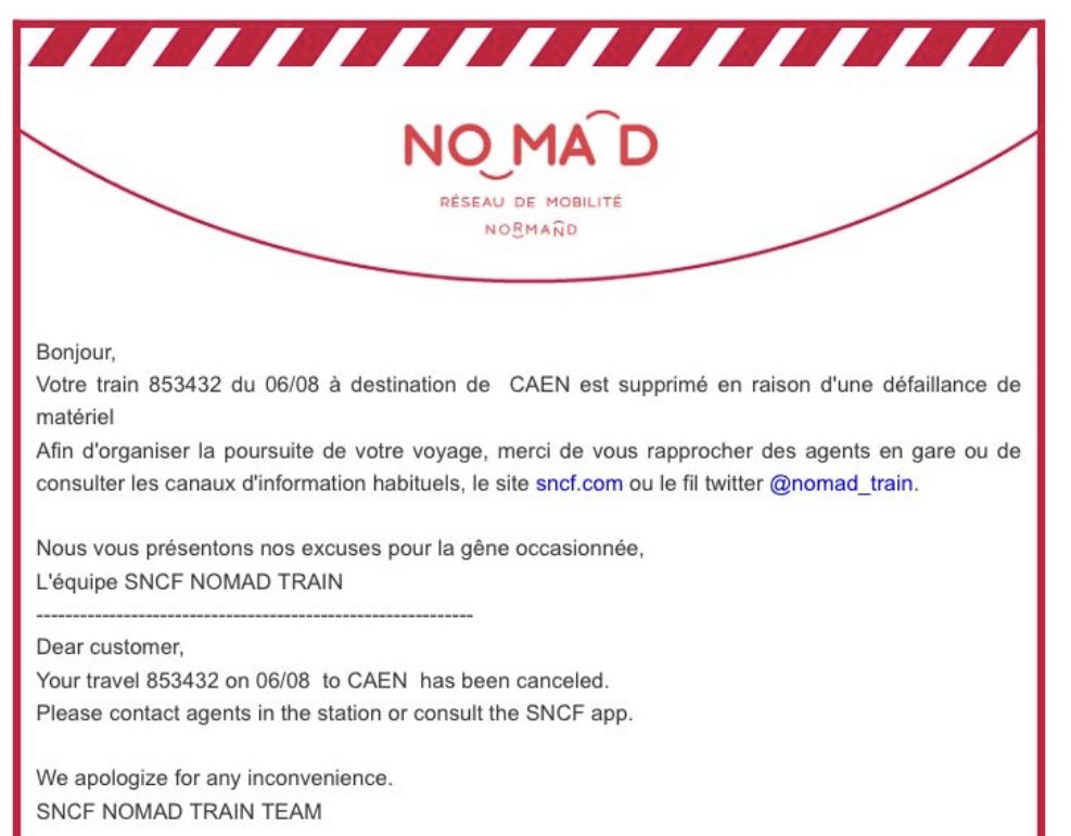 Tibal's tweet photo. Bonjour @train_nomad un car de remplacement est-il prévu au départ de Coutances pour Caen ? Aucune info nulle part à part ce mail d’annulation 
Merci ! https://t.co/eCWRR45woy