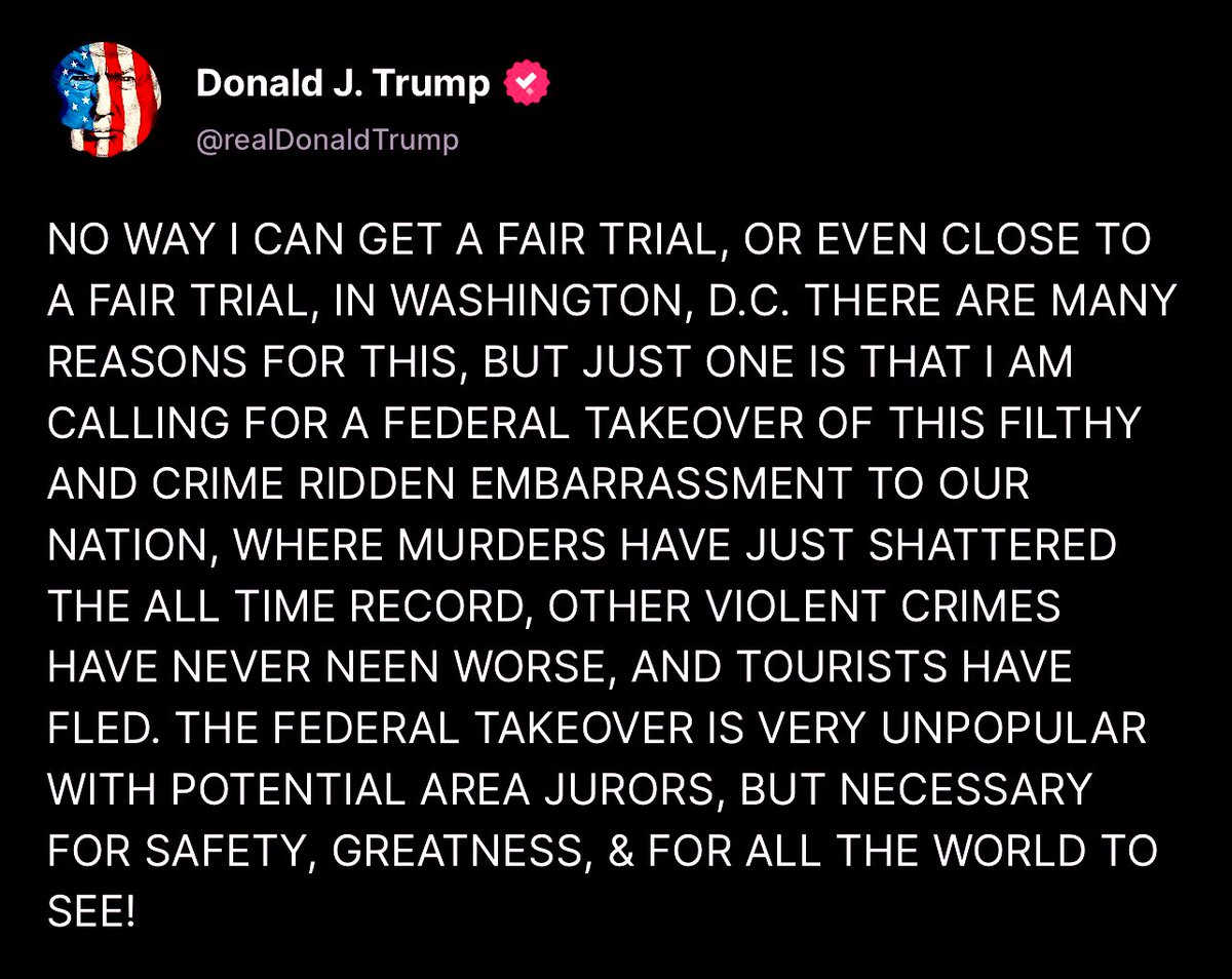 7Veritas4's tweet image. Judge: Why do you think you cannot get a fair trial in DC, Captain Capslock?

CC: I’ve been intentionally insulting DC and proposing ludicrous actions like federal takeovers, so I can claim they have a reactionary bias against me.