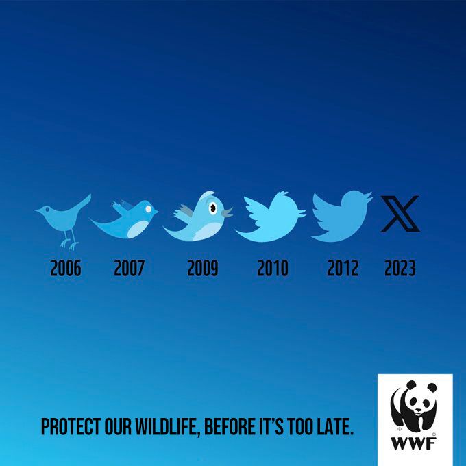 🐦 Just saw WWF's brilliant ad campaign! They're using the evolution of Twitter's logo each year to spotlight the urgency of animal extinction. Protect our wildlife before it's too late! 🌍 #SaveTheSpecies #WWFAdMagic