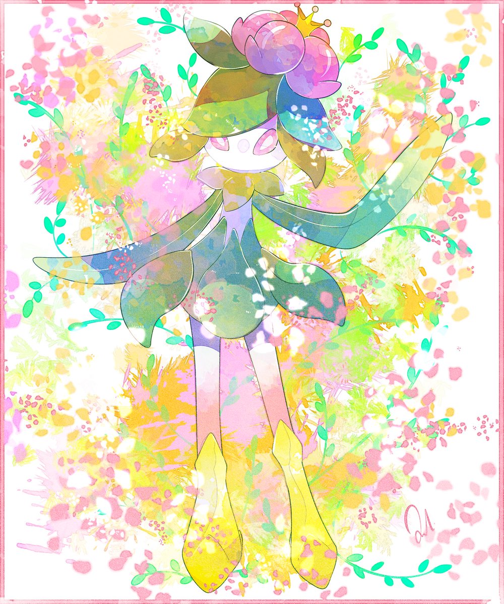 solo pokemon (creature) full body flower border signature pink eyes  illustration images