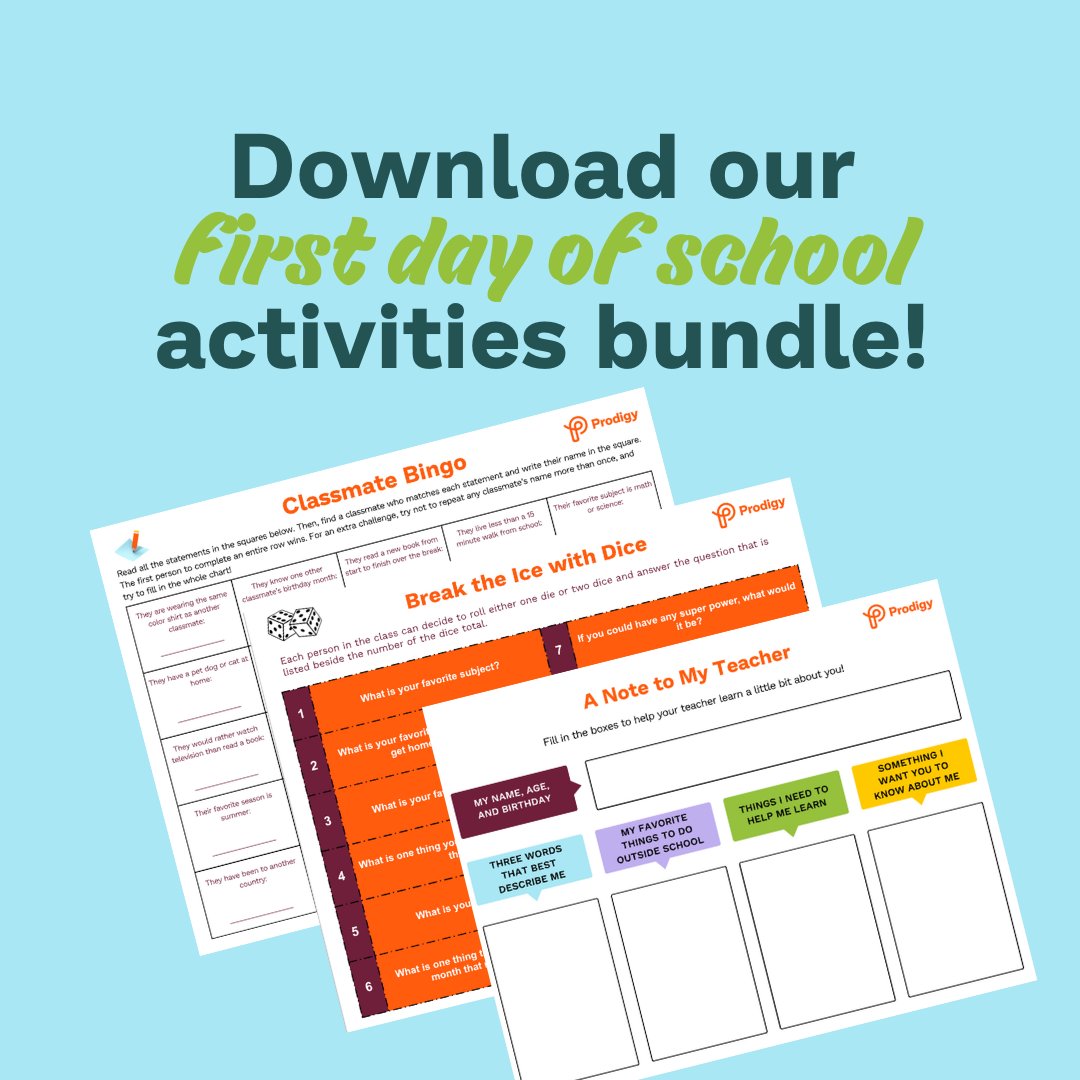 ProdigyGame's tweet photo. Ready, set, go!😎

Our #FirstDayOfSchool activities bundle is packed with fun activities that'll help
🌟 Build a classroom community
🌟Get to know your students
🌟Make your students' first day FUN!

Download it here: https://t.co/P82H5fA54L

#BTSWithProdigy #TeacherTwitter https://t.co/X2qSLbLYJf
