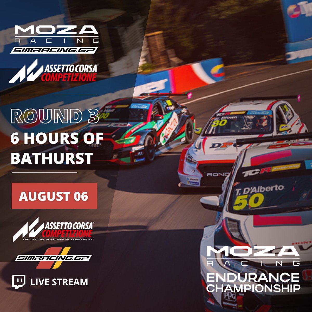 moza_racing's tweet photo. Another race day!
The MOZA Endurance Championship Round 3 on @SimracingGP goes live in just 30 mins!
50 teams, 6 hours of intense racing at Bathurst!
Tune in to the live action: https://t.co/B8dPI3x7u5
#MOZAEnduranceChampionship #mozaracing #raceday #livestream #Bathurst6Hr ππ