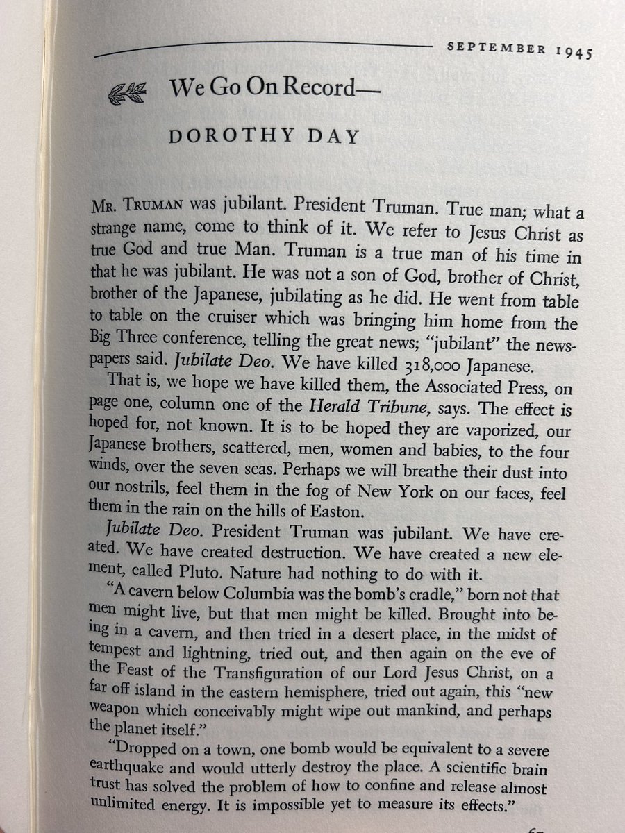 RobertEllsberg's tweet photo. From Dorothy Day’s editorial in the Catholic Worker on the atomic bombing of Hiroshima on August 6, 1945. https://t.co/mPacsw2YoC