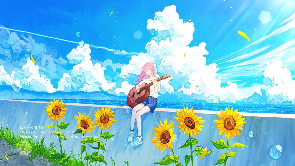 1girl instrument sunflower flower cloud solo pink hair  illustration images