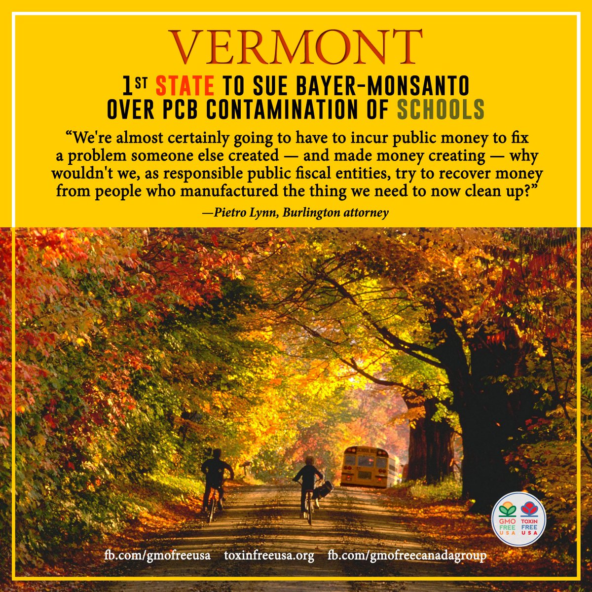 GMOFreeUSA's tweet image. Vermont school districts have joined together in a lawsuit against #Monsanto, seeking payment for clean-up costs associated with #PCBs.
 
The grim reality is that countless schools are contaminated. #MakePollutersPay #backtoschool