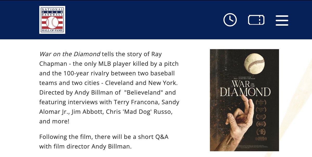 On August 16th, War On The Diamond will screen at the National Baseball Hall of Fame and Museum on the 103rd anniversary of #MLB's only fatal pitch. Q&amp;A with director Andy Billman to follow. baseballhall.org/events/film-sc… <a href="/baseballhall/">National Baseball Hall of Fame and Museum ⚾</a> <a href="/ajbill79/">Andy Billman</a> <a href="/CleGuardians/">Cleveland Guardians</a> #RayChapman #CarlMays