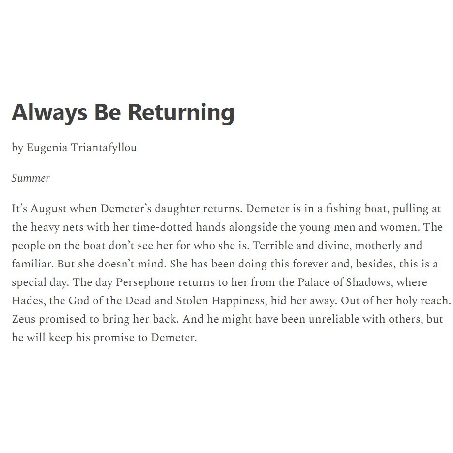 EEEE IT'S HERE! My Demeter and Persephone retelling 'Always Be Returning' is now FREE to read in @MorningTransprt! This is my first Greek retelling and that makes me 100x times more nervous and excited! Big thanks to @fran_wilde and Julian Yap <3 <3 sundaymorningtransport.com/p/always-be-re…