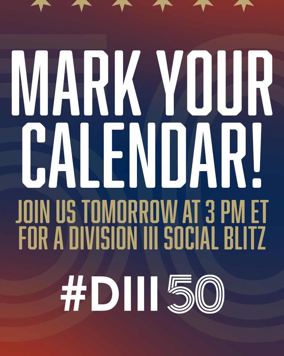 NCAADIII's tweet photo. Tomorrow at 3 PM ET let's get Division III trending‼️

Use #DIII50 and #WhyD3 to share in the celebration. https://t.co/7rTDGbcb5b