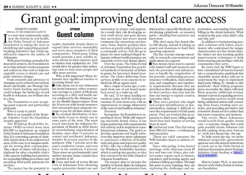 DeltaDentalAR's tweet photo. We dream big: How our Strategic Initiative Grants may help propel the oral health of Arkansans from the bottom to the top. Our #oped in today's @ArkansasOnline  https://t.co/OL9heaqgRH 
#DeltaDentalARFoundation https://t.co/yGd4XZPBJX