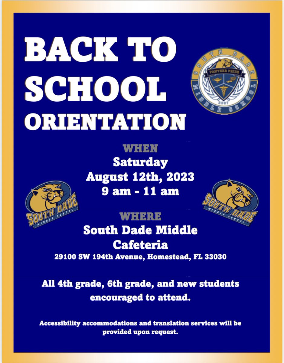 sdmpanthers's tweet photo. Attention all new panthers!! 
Our back to school orientation will be next Saturday, August 12th at 9 AM. This event is for all incoming 4th grade, 6th grade, and any new students to our school. See you there! https://t.co/5yHzK6bybU