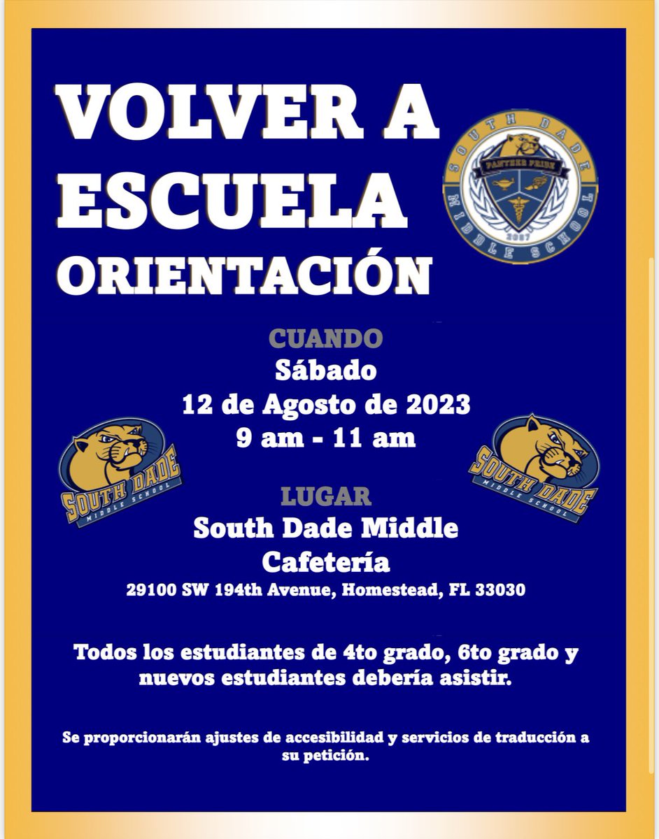 sdmpanthers's tweet photo. Attention all new panthers!! 
Our back to school orientation will be next Saturday, August 12th at 9 AM. This event is for all incoming 4th grade, 6th grade, and any new students to our school. See you there! https://t.co/5yHzK6bybU