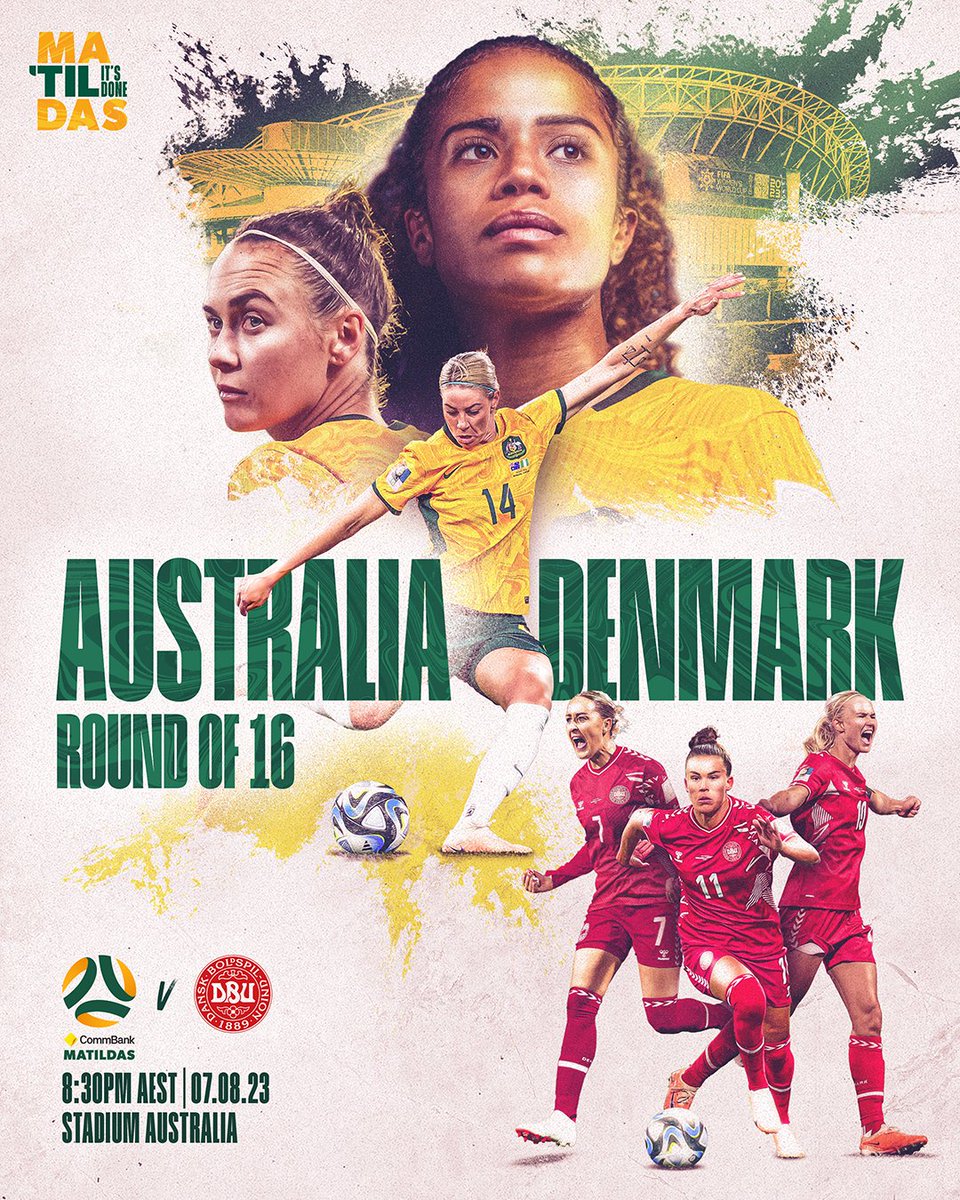 Ready for the Round of 16! 🙌 ⚽: #AUSvDEN ⏰: 8:30pm AEST 🏟: @AccorStadium 📺💻📱: LIVE on @Channel7 & @OptusSport #Matildas #FIFAWWC #TilitsDone