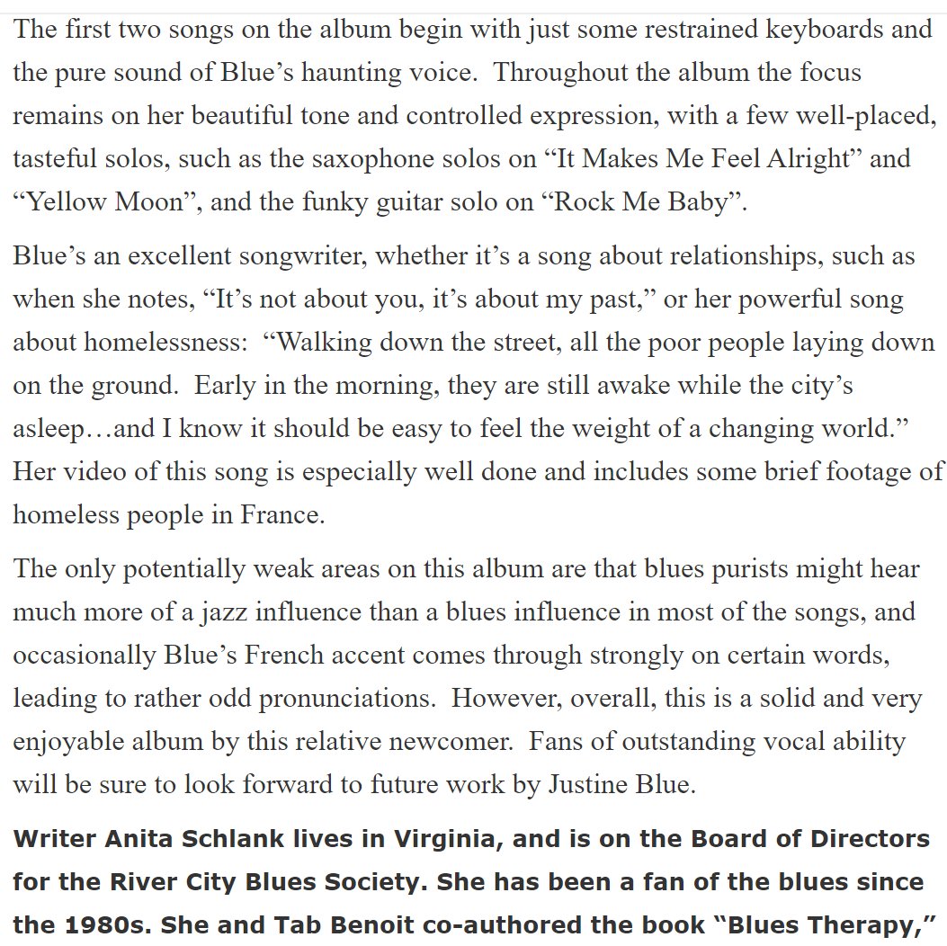 GOOD NEWS!!! Un bel article dans <a href="/BluesBlastMag/">Blues Blast Magazine</a>
Thank you to Anita Schlank!
Check it out : bluesblastmagazine.com/issue-17-31-au…
#contemporaryblues #singersongwriter #bluessinger #jazzsinger #bluesfrance #justineblue