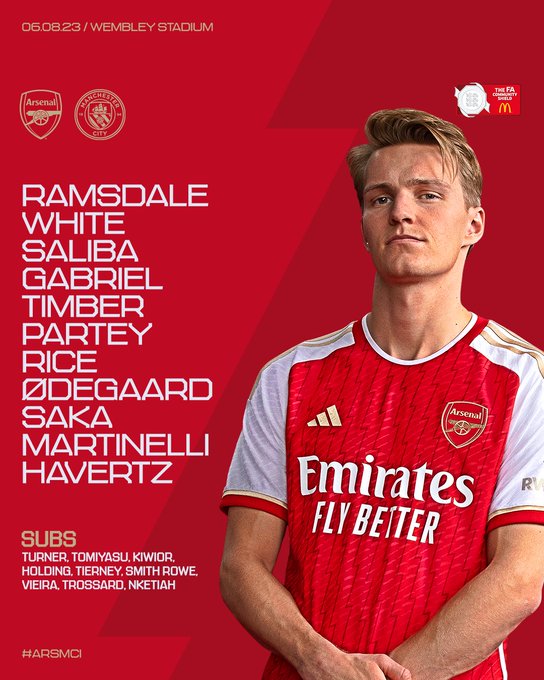 Starting XI: Ramsdale, White, Saliba, Gabriel, Timber, Partey, Rice, Odegaard, Saka, Martinelli, Havertz

Substitutes: Turner, Tomiyasu, Kiwior, Holding, Tierney, Smith Rowe, Vieira, Trossard, Nketiah