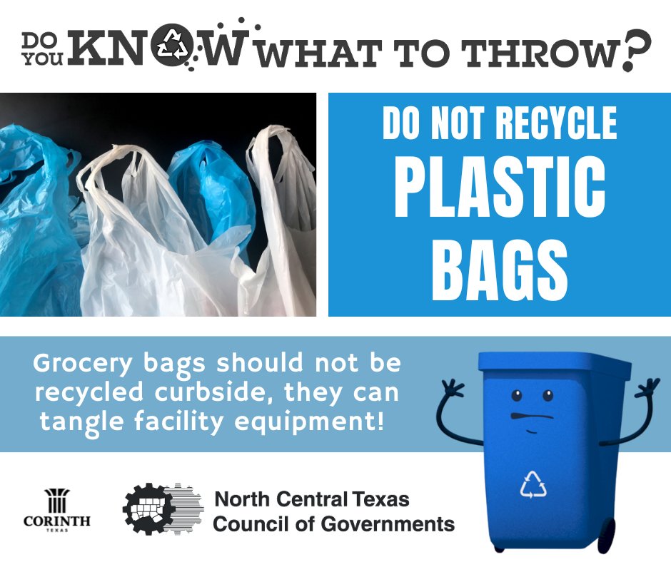 CityofCorinth's tweet image. If you did back-to-school shopping this weekend, make sure those grocery bags don&apos;t end up in the recycling bin! Grocery bags cannot be recycled due to tangling facility equipment. Instead, take them to your local grocery store to be recycled! #KnowWhatToThrow