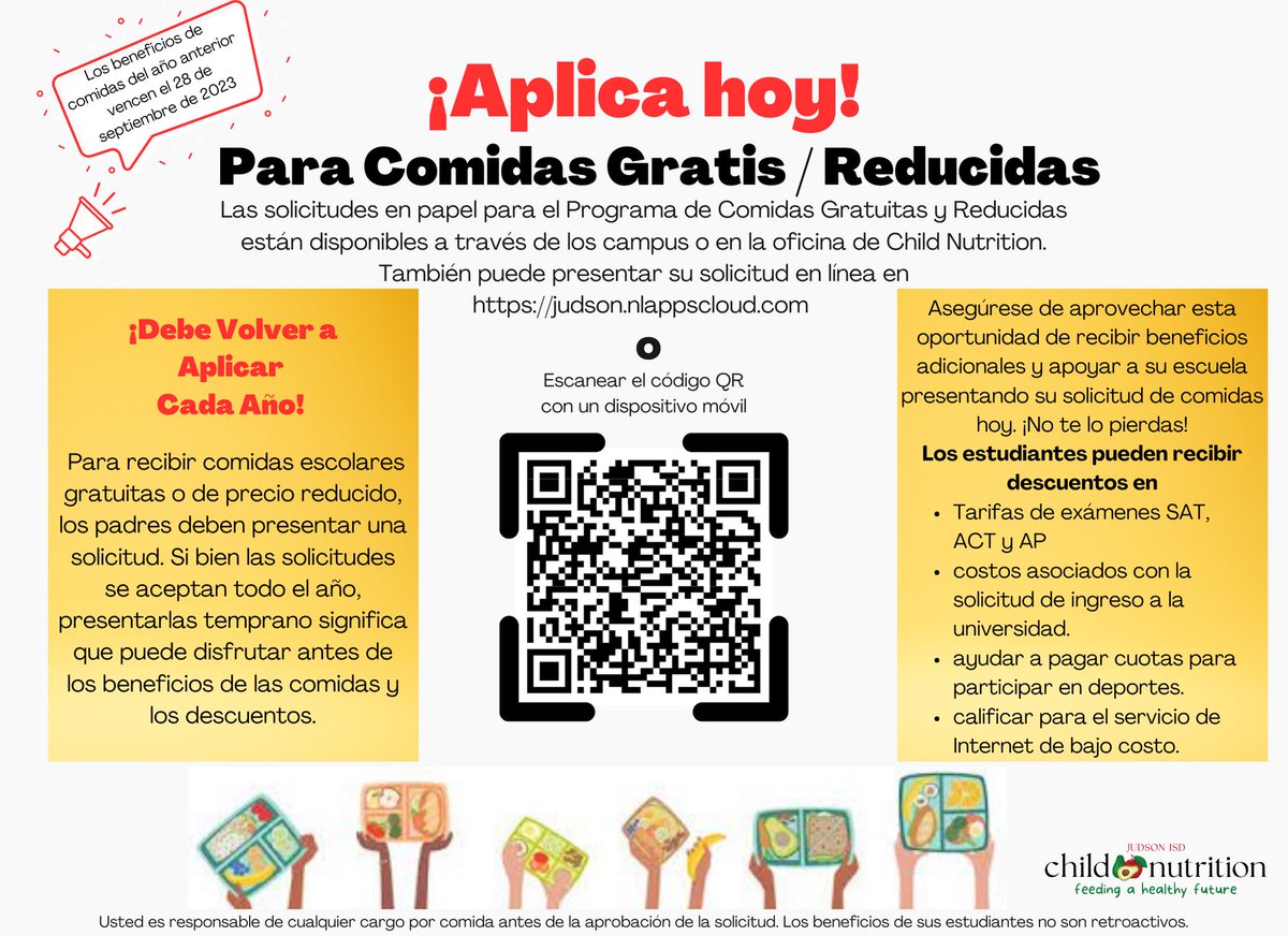 Judson ISD is now accepting applications for Free/Reduced meal eligibility for the 2023-2024 school year at Crestview, Olympia, Salinas, Rolling Meadows, Copperfield, Wortham Oaks, Judson MS, Kitty Hawk MS, Judson HS, Veterans Memorial HS, and JECA. 🥗🥦🍴🥪 #JudsonISD