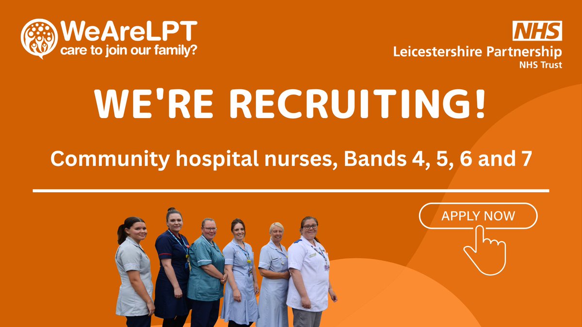 Our community hospital inpatient wards are expanding. 

We have the following vacancies at the Evington Centre: deputy sister/charge nurse (Band 6), and nursing associate (Band 4).

👉 leicspart.nhs.uk/jobs/what-we-o…

#NHSjobs