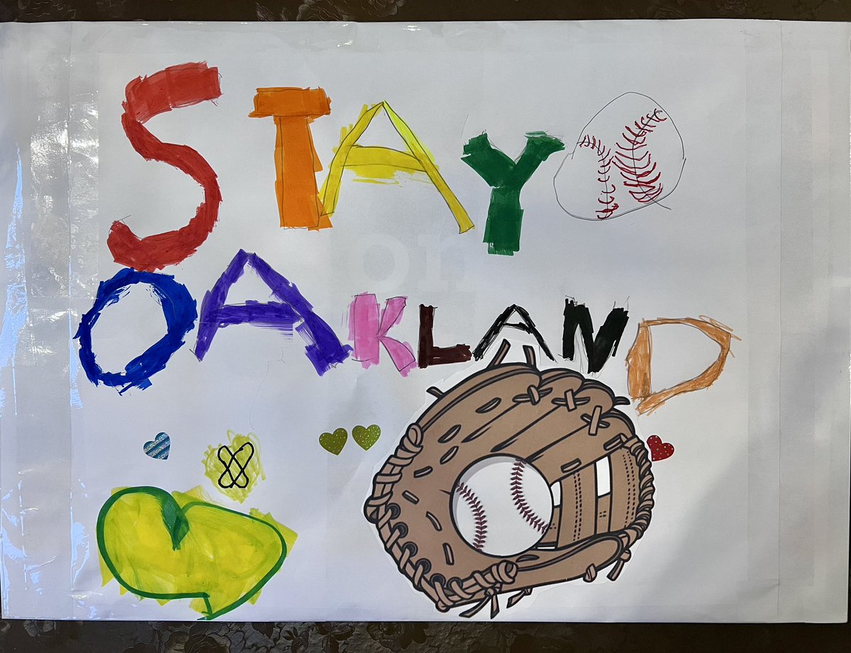 AsFanByDesign's tweet photo. My niece and nephew made a sign for todayโs Aโs game. Breaks your heart. ๐ฅบ #StayInOakland #SellTheTeam https://t.co/Icsut8pTo9