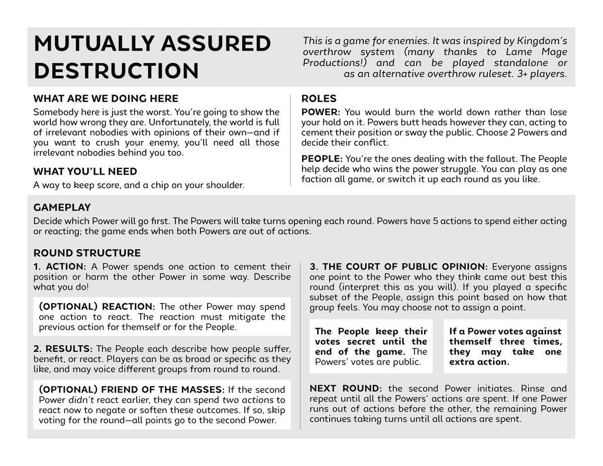 WonsonSoup's tweet photo. Jumped in to this year's #1pRPGjam with MUTUALLY ASSURED DESTRUCTION!

It's a system for dramatically failing to resolve your differences - based on the #KingdomRPG overthrow system but works well on its own too! #ttrpg #itchio

https://t.co/H8ZLKSoPRt https://t.co/7giu22GMtH