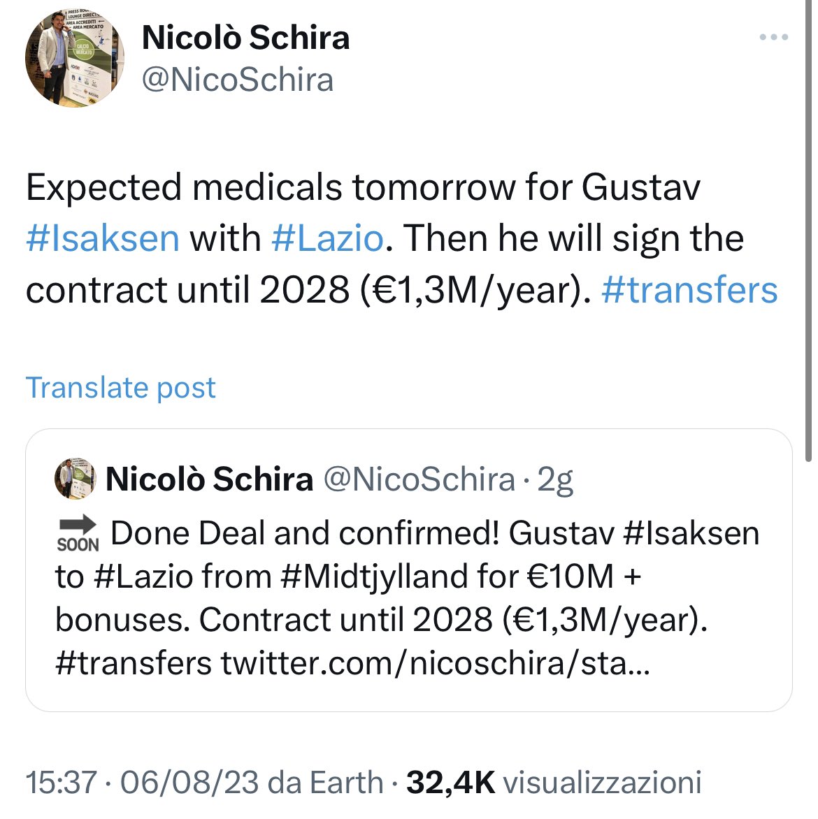 NicoSchira's tweet photo. #Lazio have announced that Gustav #Isaksen will land tonight in Rome at 11.30pm. Then he will have medicals tomorrow morning as reveled. Confirmed! #transfsrs https://t.co/FAhhn5ONCh